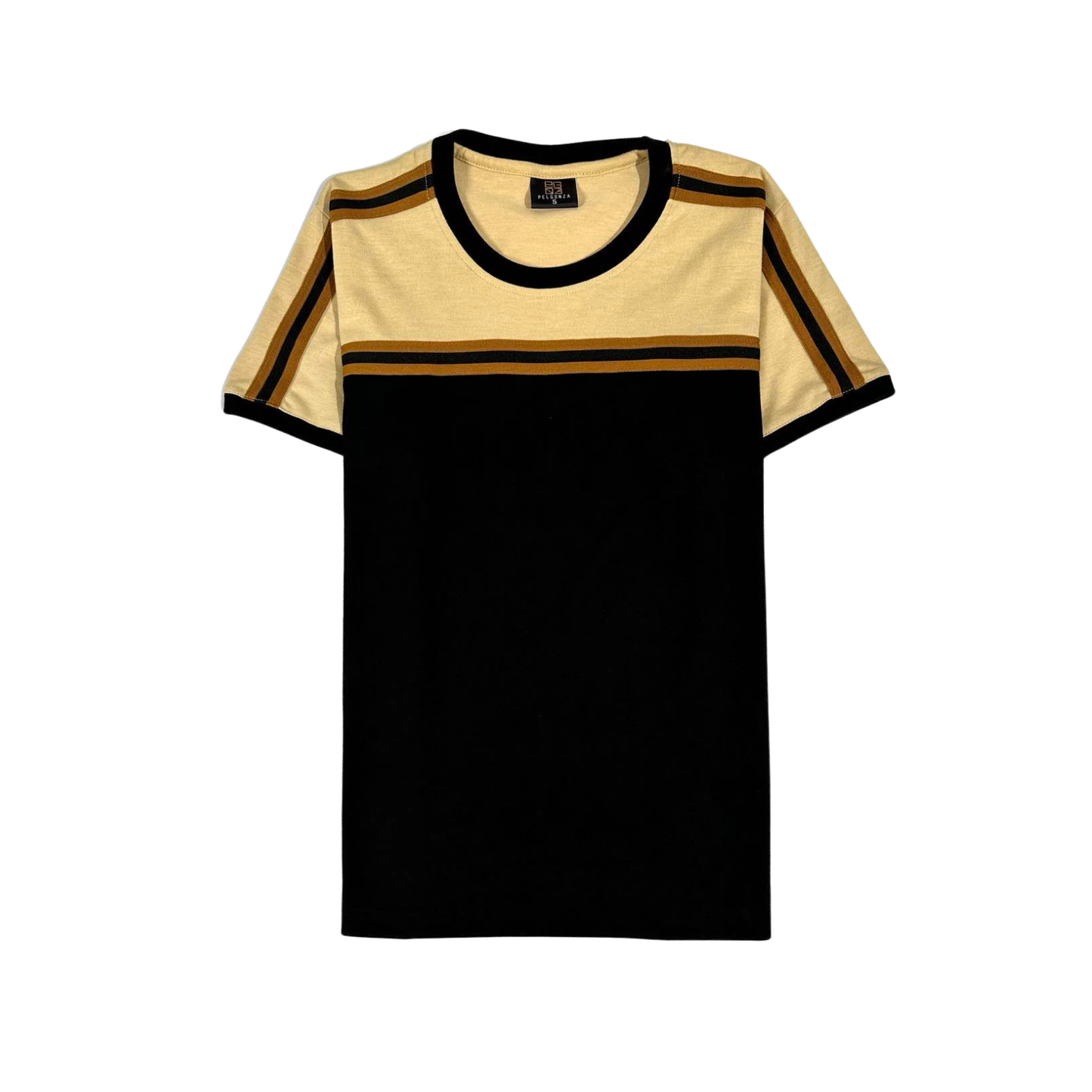 Stratos by Pelgonza – Unisex Cotton T-Shirt | Black & Beige Contrast with Retro Stripes | Stylish & Comfortable