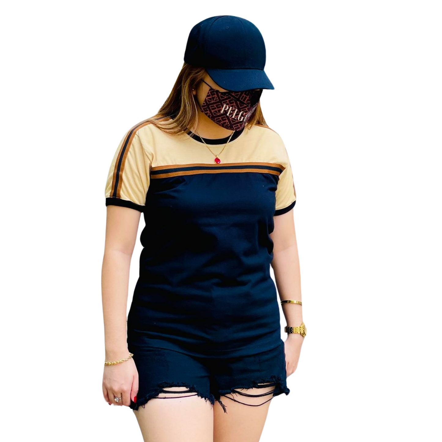 Stratos by Pelgonza – Unisex Cotton T-Shirt | Black & Beige Contrast with Retro Stripes | Stylish & Comfortable