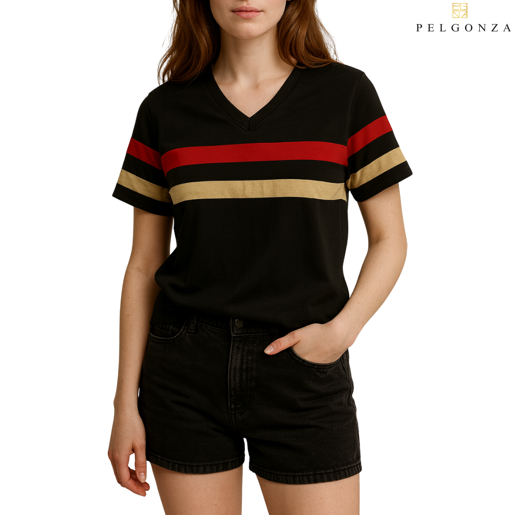 PELGONZA Unisex V-neck Color Block T-Shirt | Retro Korean Streetwear Cotton Tee | Casual Short Sleeve Crewneck Top for Men & Women | Trendy Oversized Fit | Comfortable Everyday Outfit | Sizes S-3XL |