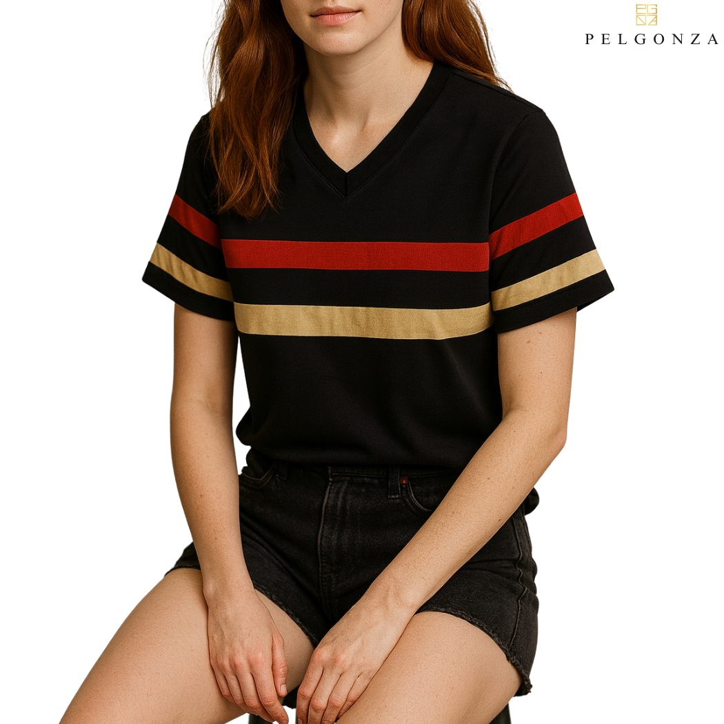 PELGONZA Unisex V-neck Color Block T-Shirt | Retro Korean Streetwear Cotton Tee | Casual Short Sleeve Crewneck Top for Men & Women | Trendy Oversized Fit | Comfortable Everyday Outfit | Sizes S-3XL |