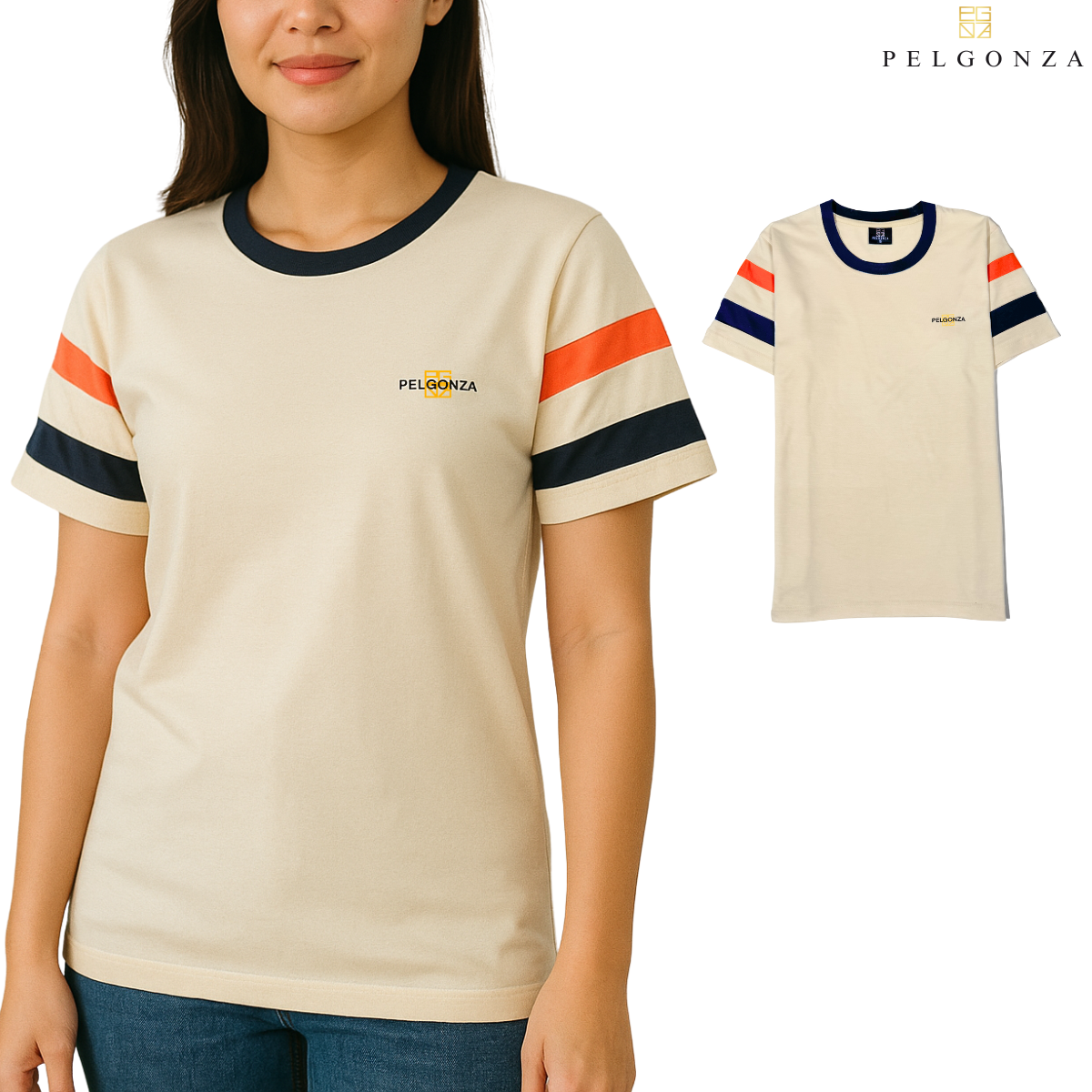 Pelgonza Off-White Tee with Orange &amp; Navy Sleeve Stripes