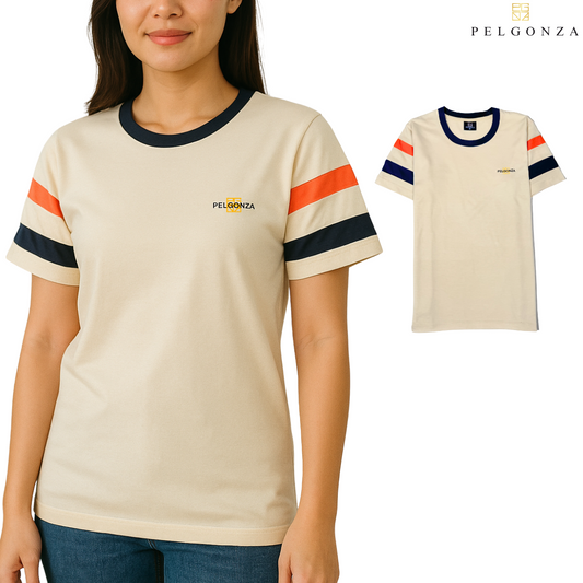 Pelgonza Off-White Tee with Orange &amp; Navy Sleeve Stripes