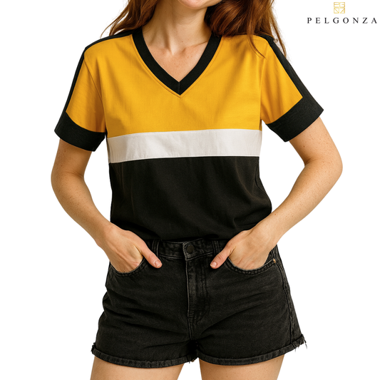 PELGONZA Unisex V-neck Color Block Tee – Korean Inspired Cotton T-Shirt, Soft & Trendy Stylish Casual Fit