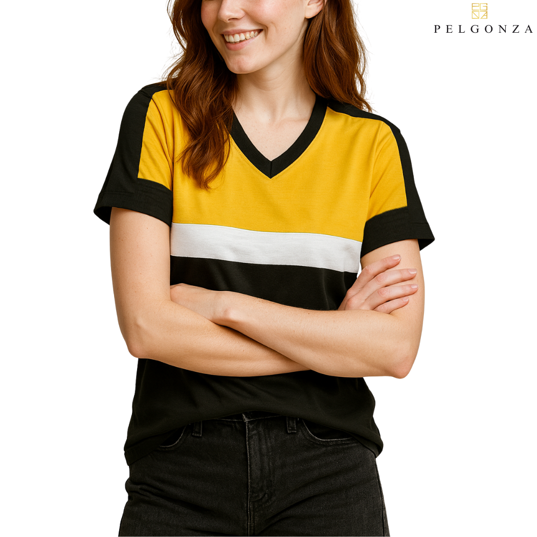 PELGONZA Unisex V-neck Color Block Tee – Korean Inspired Cotton T-Shirt, Soft & Trendy Stylish Casual Fit