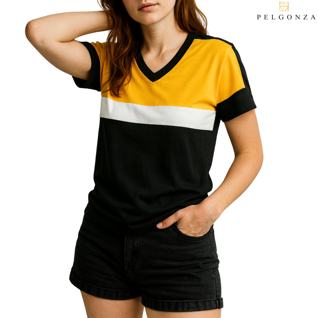 PELGONZA Unisex V-neck Color Block Tee – Korean Inspired Cotton T-Shirt, Soft & Trendy Stylish Casual Fit