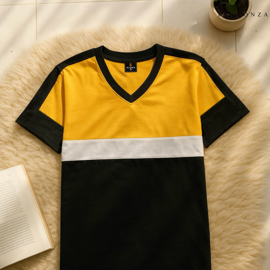PELGONZA Unisex V-neck Color Block Tee – Korean Inspired Cotton T-Shirt, Soft & Trendy Stylish Casual Fit