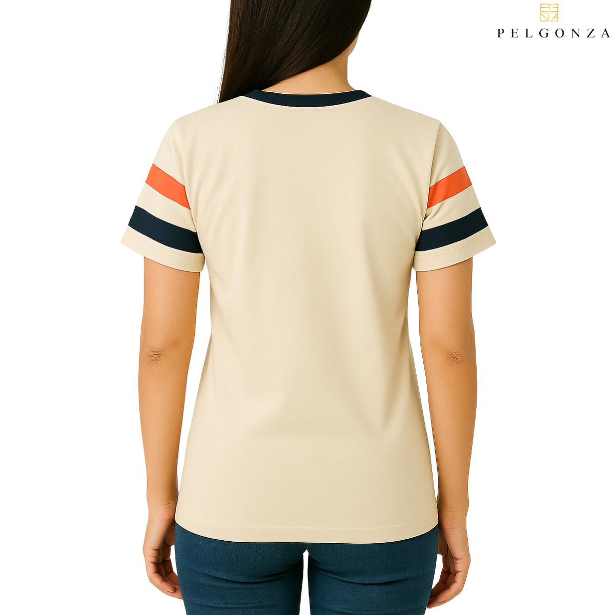 Pelgonza Off-White Tee with Orange &amp; Navy Sleeve Stripes