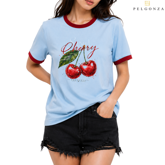 PELGONZA Unisex | Powder blue, Off White | Cherry design – Korean Inspired Cotton T-Shirt, Soft & Trendy Casual Fit