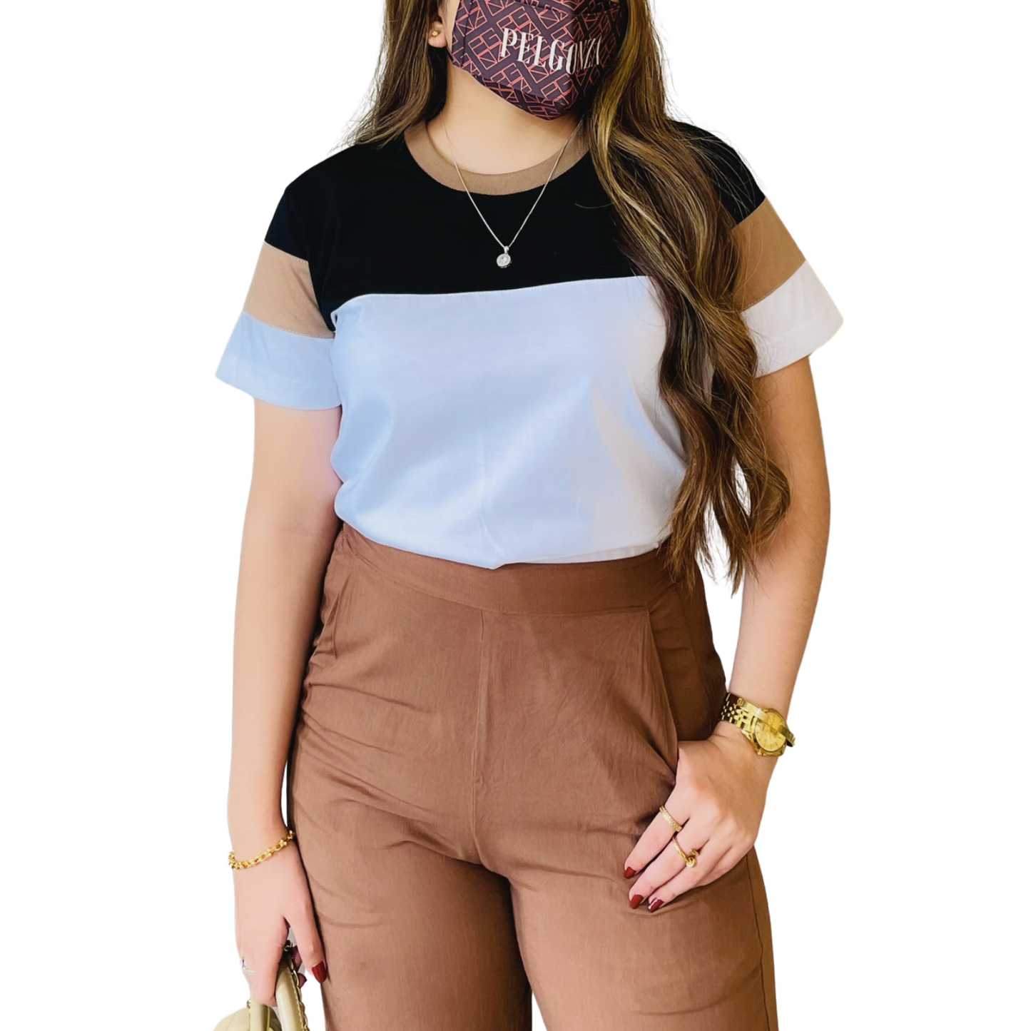 Celara by Pelgonza – Unisex Cotton T-Shirt | Elegant Black, White & Brown Block Design | Casual & Trendy