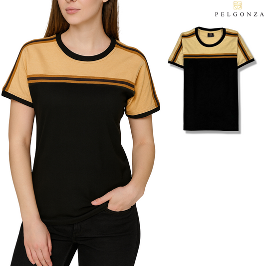 Stratos by Pelgonza – Unisex Cotton T-Shirt | Black & Beige Contrast with Retro Stripes | Stylish & Comfortable