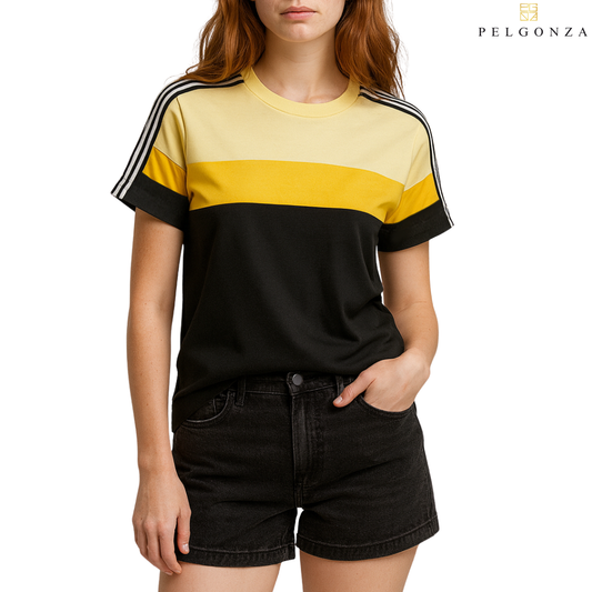 PELGONZA Unisex Color Block Tee (Beige, Yellow, Black )– Korean Inspired Cotton T-Shirt, Soft & Trendy Stylish Casual Fit