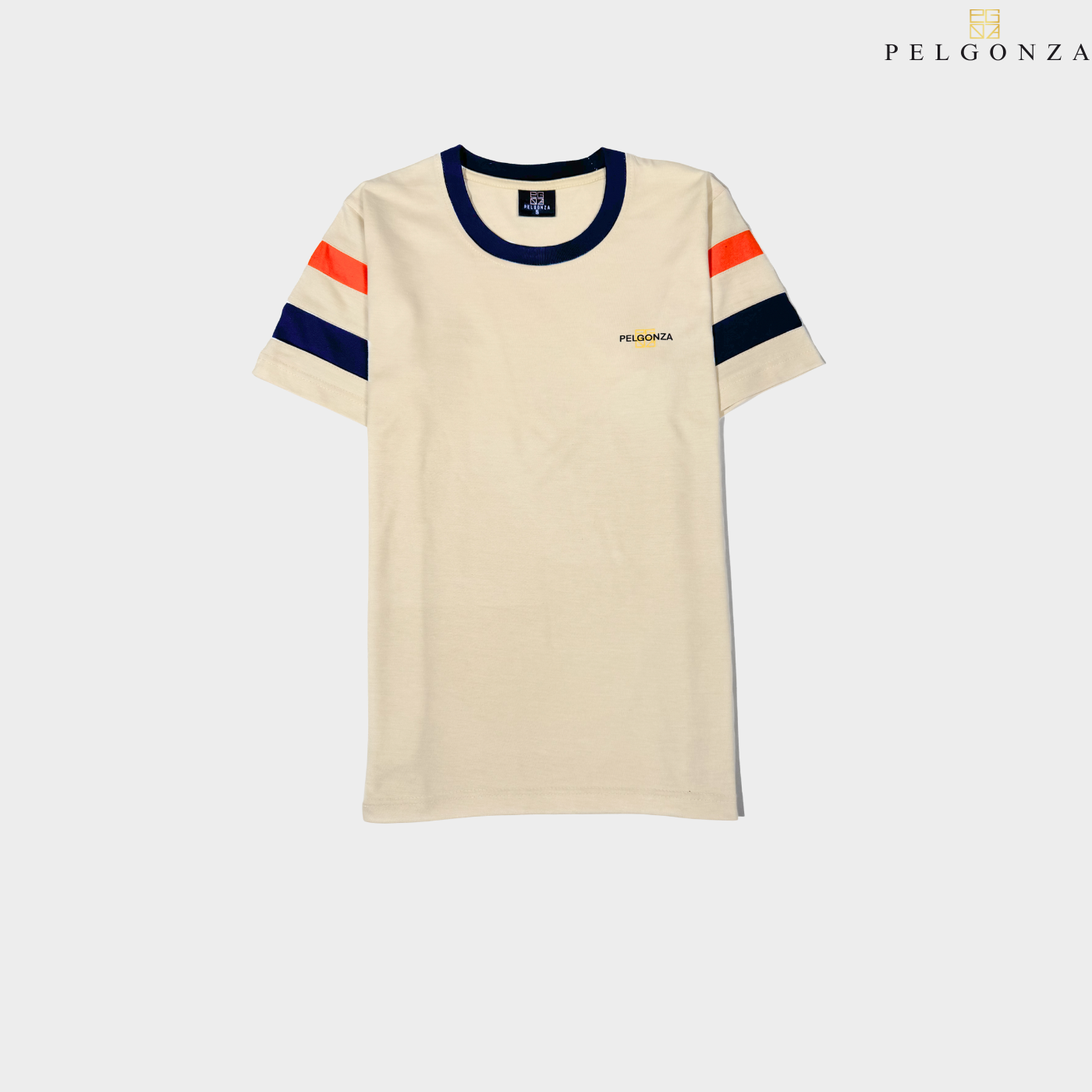 Pelgonza Off-White Tee with Orange &amp; Navy Sleeve Stripes