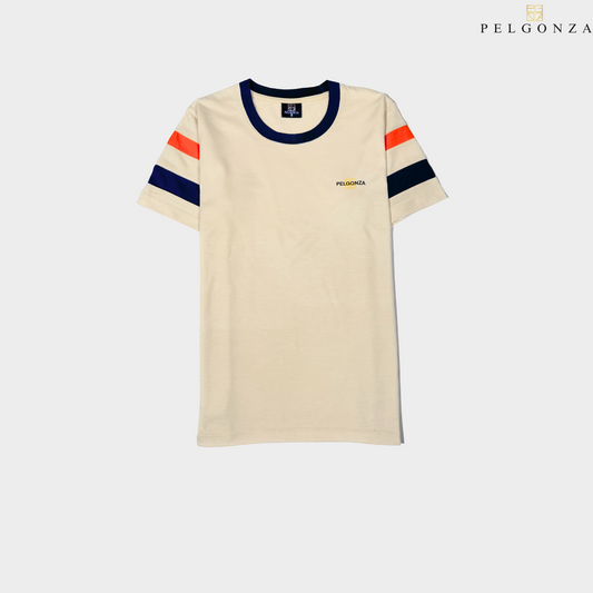 Pelgonza Off-White Tee with Orange &amp; Navy Sleeve Stripes