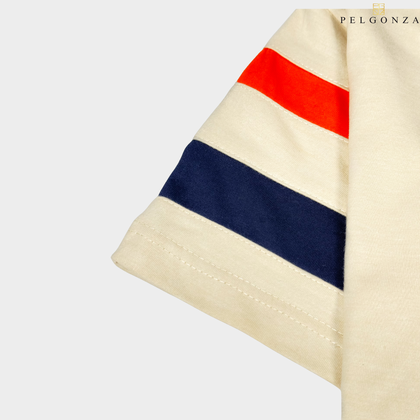 Pelgonza Off-White Tee with Orange &amp; Navy Sleeve Stripes