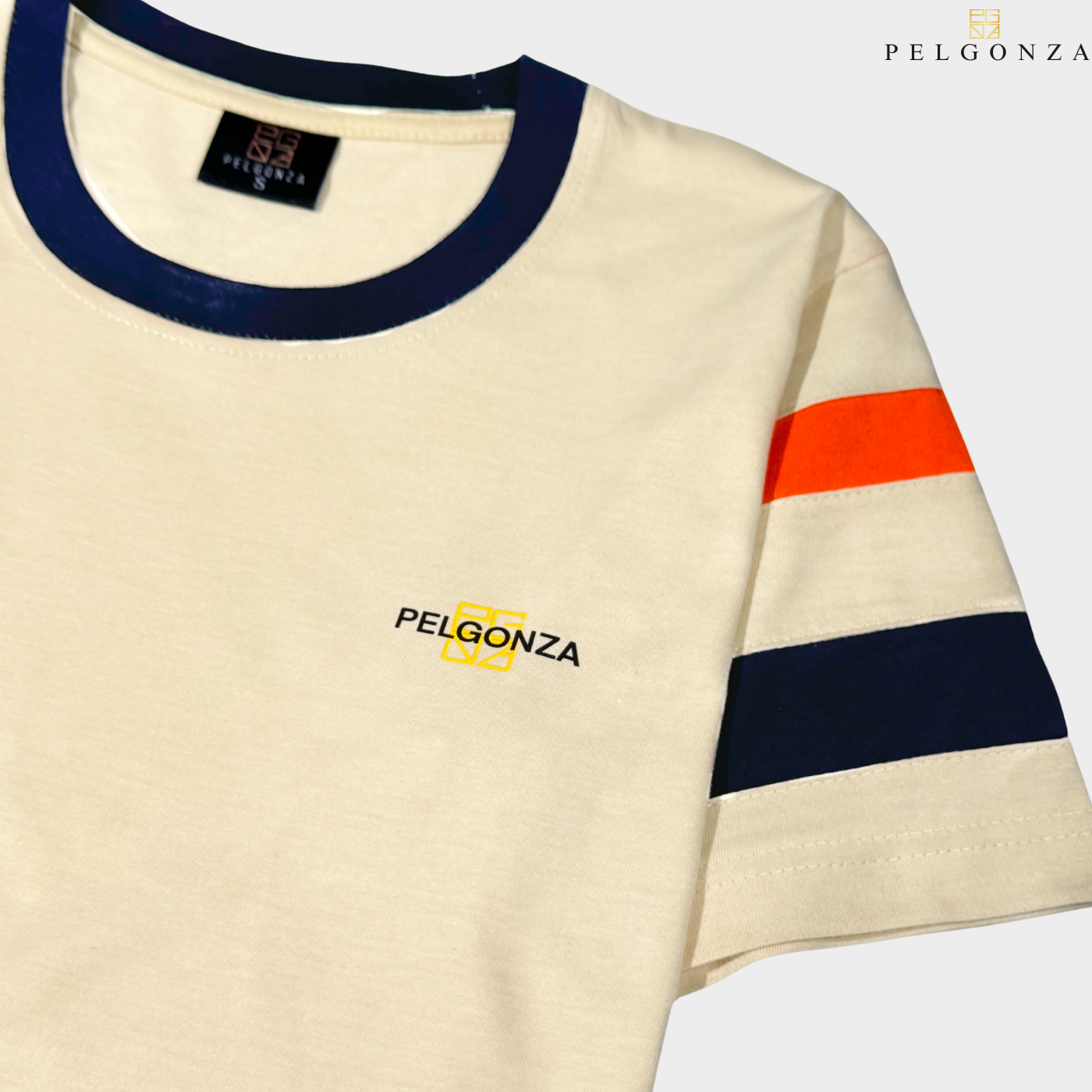 Pelgonza Off-White Tee with Orange &amp; Navy Sleeve Stripes