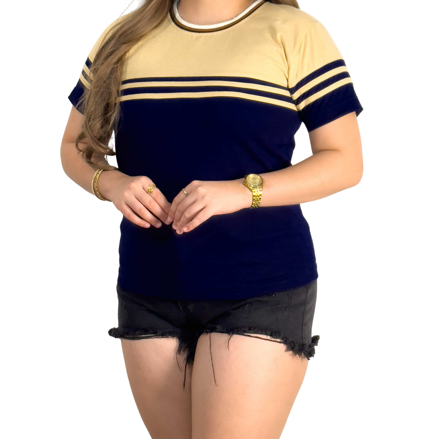 Navara by Pelgonza – Unisex Cotton T-Shirt | Navy Blue & Beige Striped Design | Casual & Classic