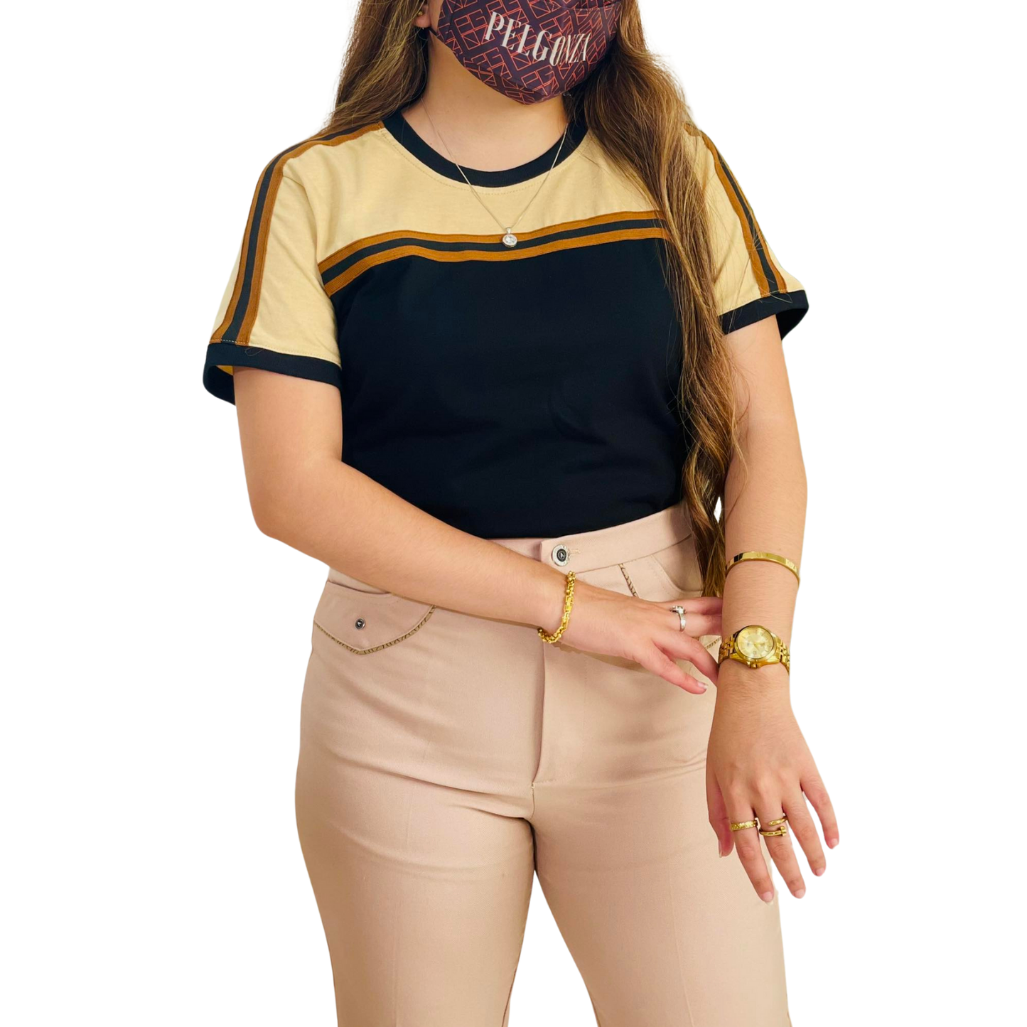 Stratos by Pelgonza – Unisex Cotton T-Shirt | Black & Beige Contrast with Retro Stripes | Stylish & Comfortable