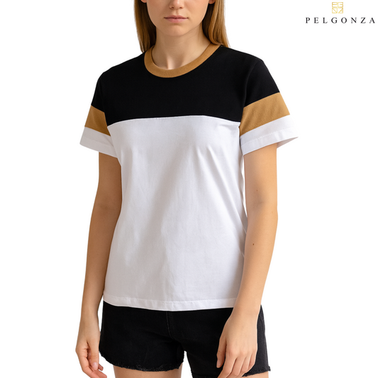 Celara by Pelgonza – Unisex Cotton T-Shirt | Elegant Black, White & Brown Block Design | Casual & Trendy
