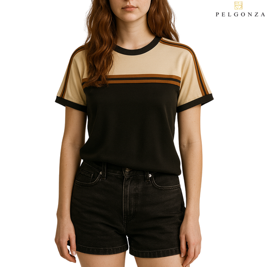 PELGONZA Unisex Color Block T-Shirt( Beige, Black ) | Retro Korean Streetwear Cotton Tee | Casual Short Sleeve Crewneck Top for Men & Women | Trendy Oversized Fit | Comfortable Everyday Outfit | Sizes S-3XL |