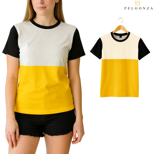 Solterra by Pelgonza – Unisex Color-Block Cotton T-Shirt | Black, White & Yellow | Stylish & Comfortable