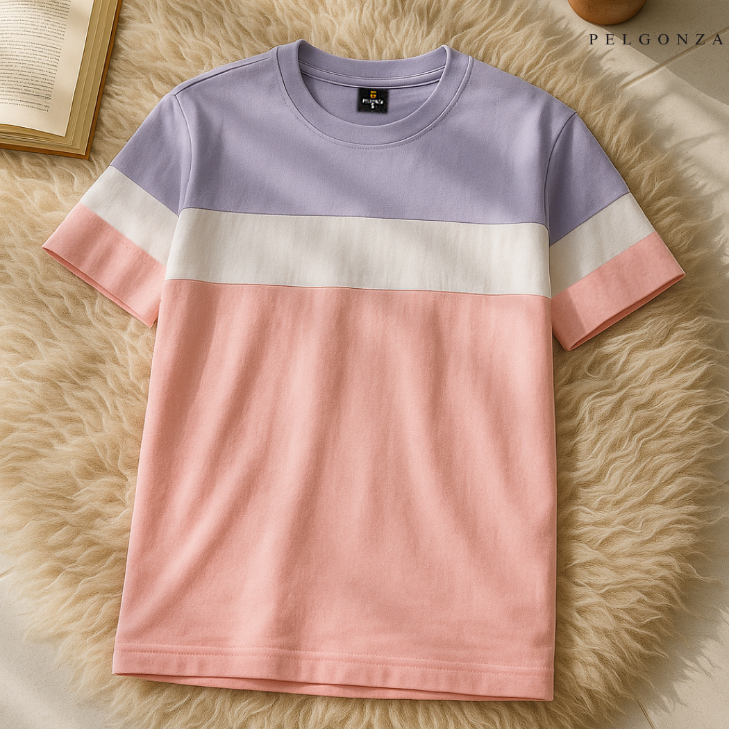 PELGONZA Unisex 3 tone Color Block Tee – Korean Inspired Cotton T-Shirt, Soft & Trendy Stylish Casual Fit
